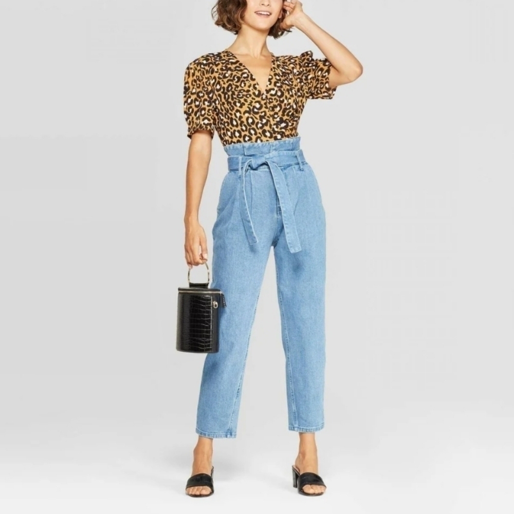 Who what wear women leopard printed wrap blouse short sleeves L y2k boho